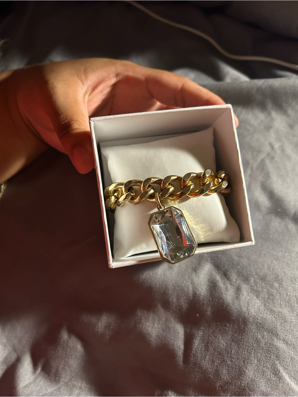 Michael Kors Gold-Tone Curb Bracelet with Rectangular Clear Stone Charm